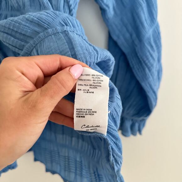 Cleobella Azariah Long Sleeve Smocked Split Neck Blouse Blue S - Picture 11 of 12